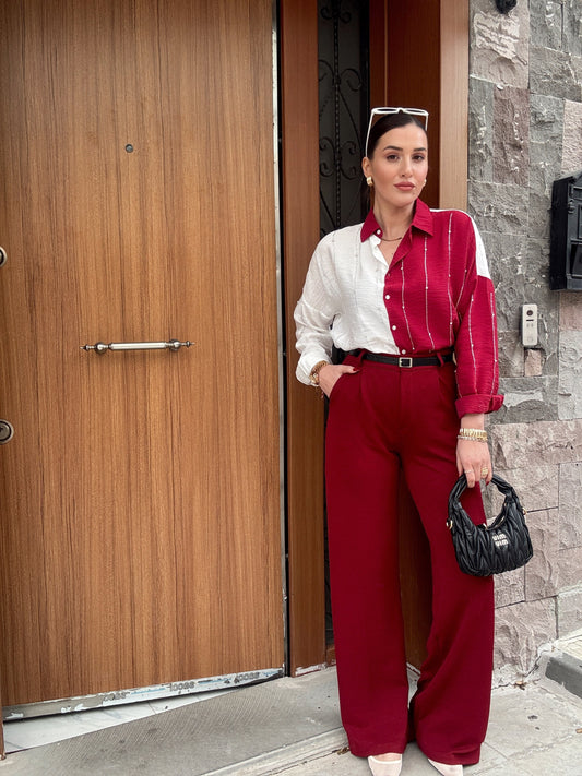 Kemerli likralı palazzo pantolon BORDO