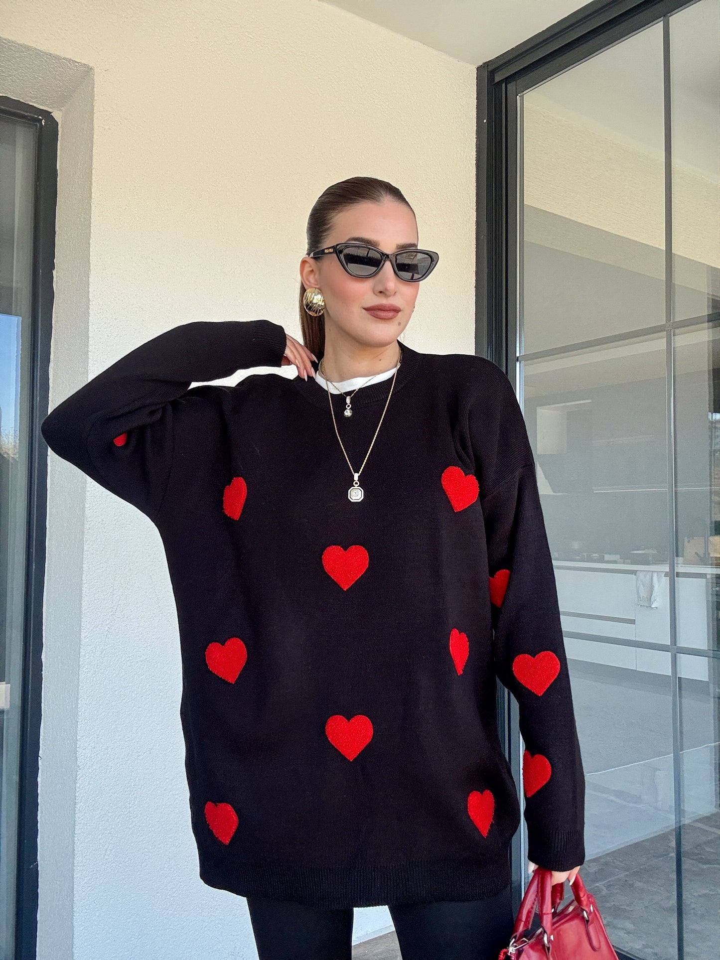 Kalp İşleme Triko Kazak - SİYAH