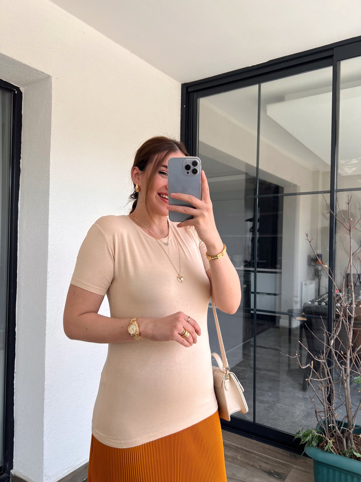 Kısa Kol Viskon Tshirt BEJ