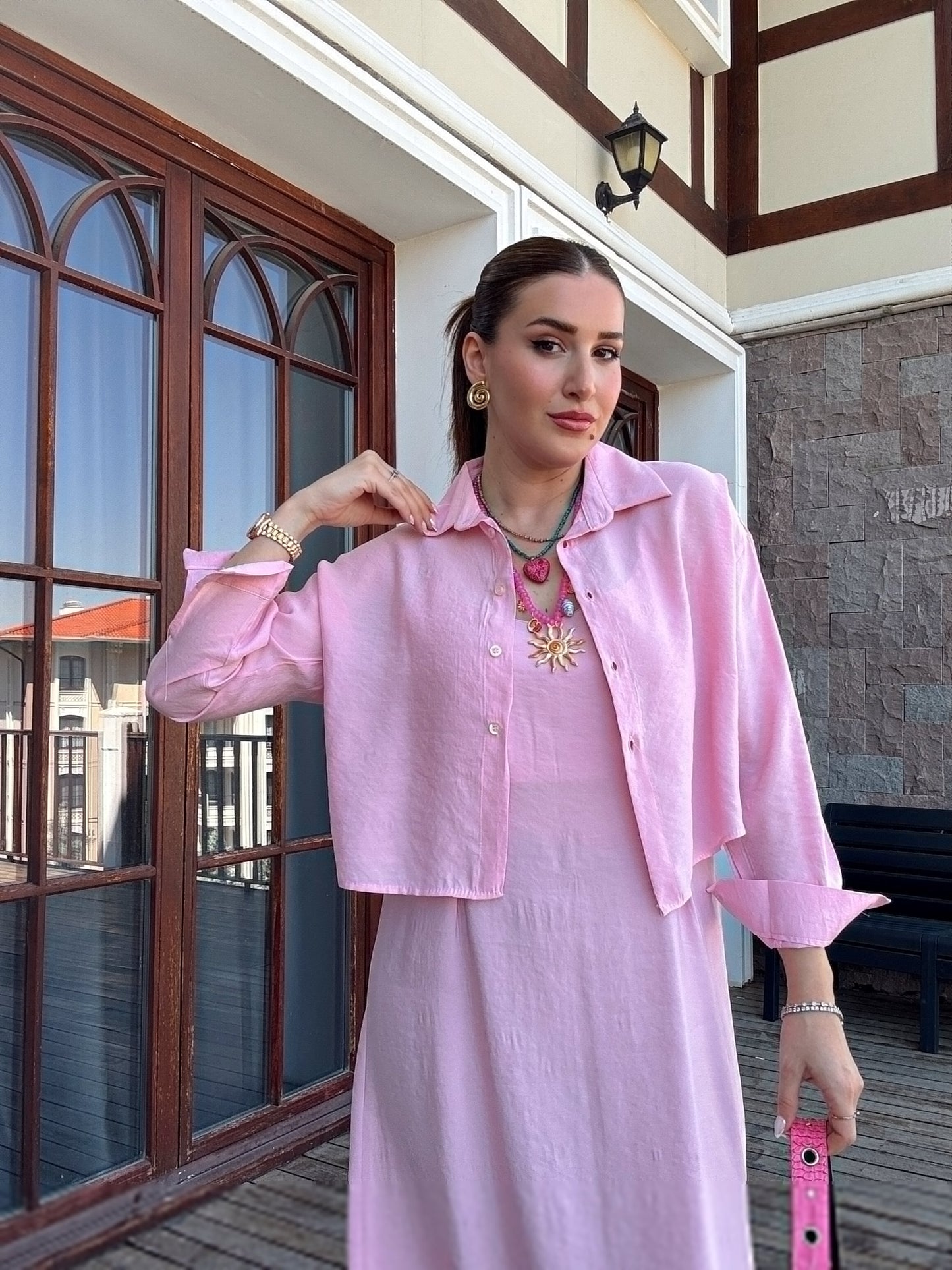LİZBON gömlek elbiseli ikili takım PEMBE
