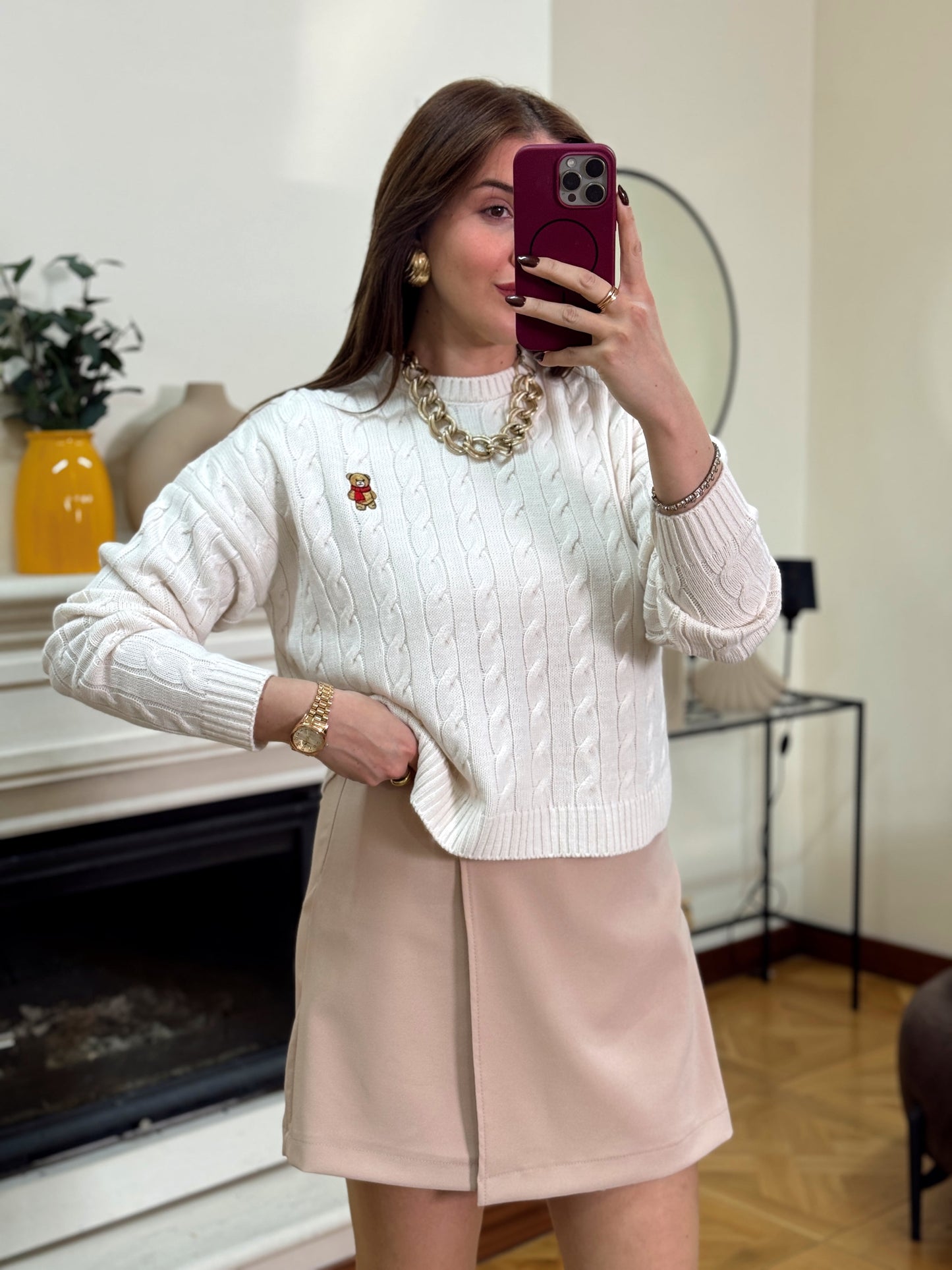 Saç örgü küçük ayıcık işlemeli kazak-LATTE