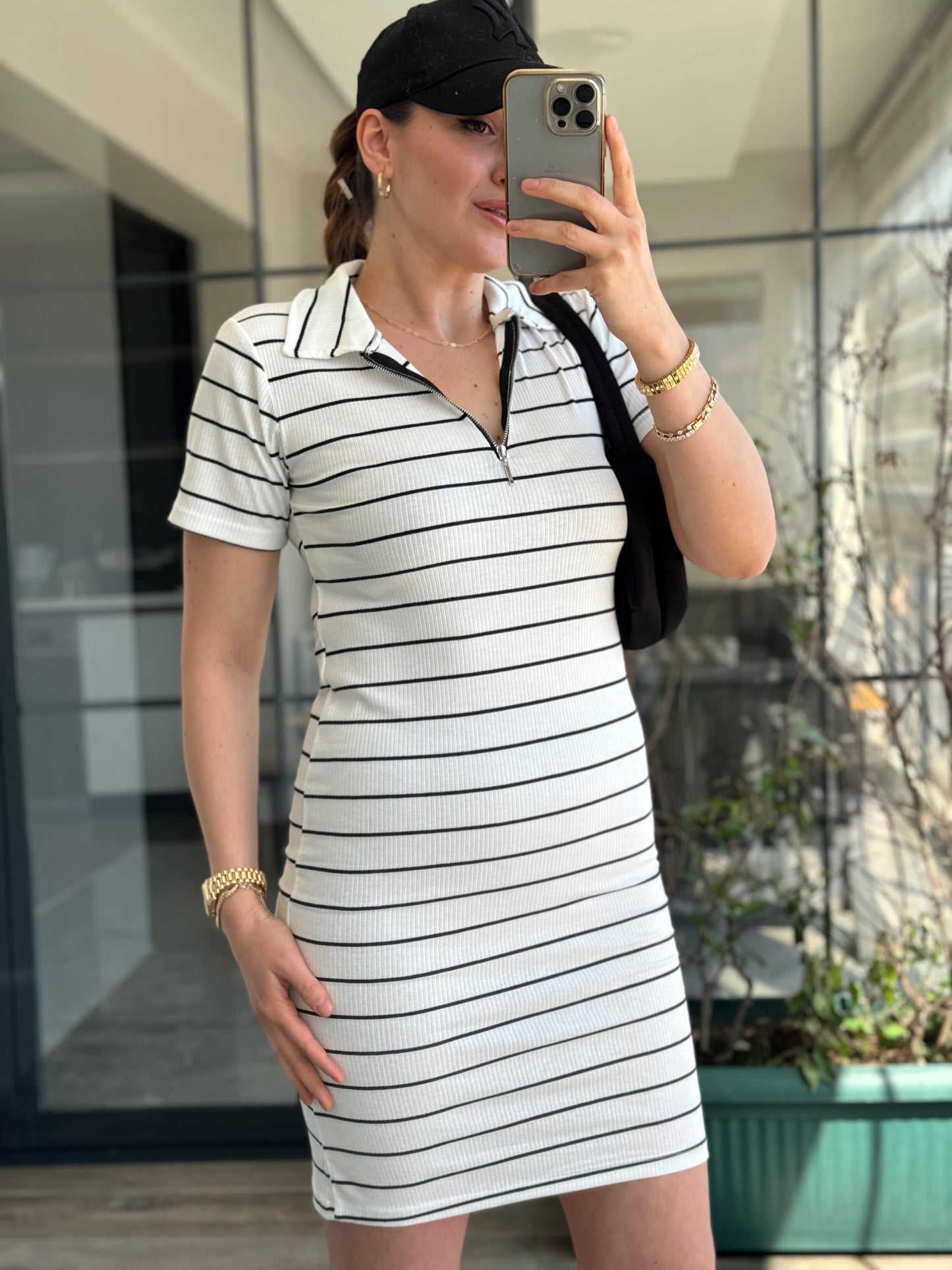Fermuarlı Çizgili Elbise - BEYAZ