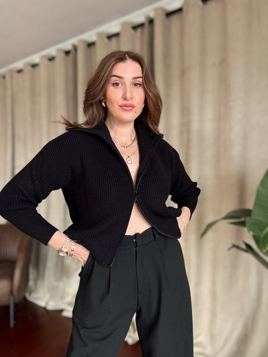 Fermuarlı Örgü Ceket - SİYAH