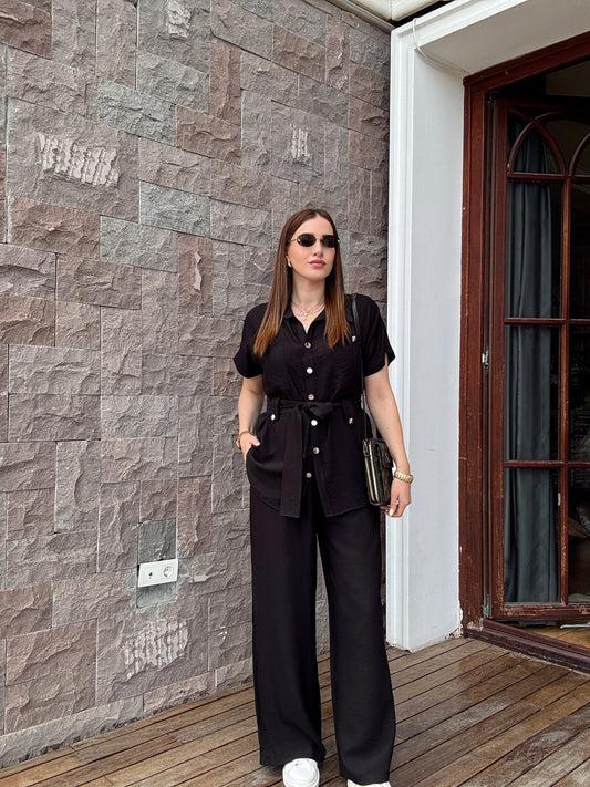 Kuşak detaylı İkili Takım Siyah