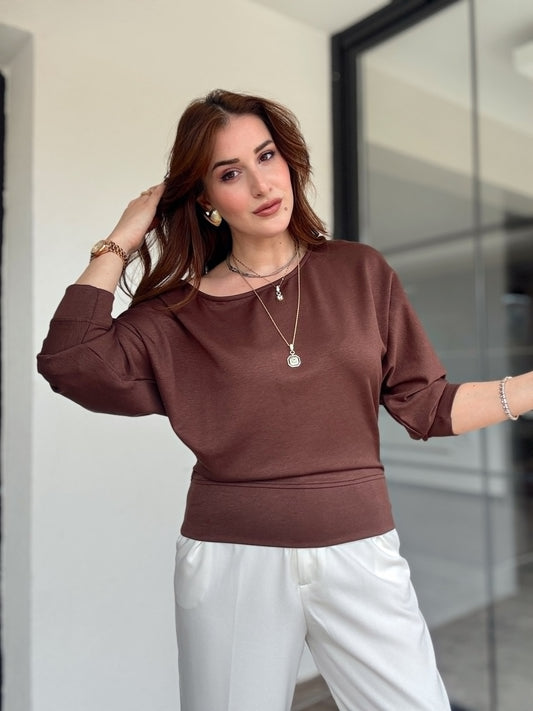 Kayık yaka modal kumaş bluz-KAHVERENGİ