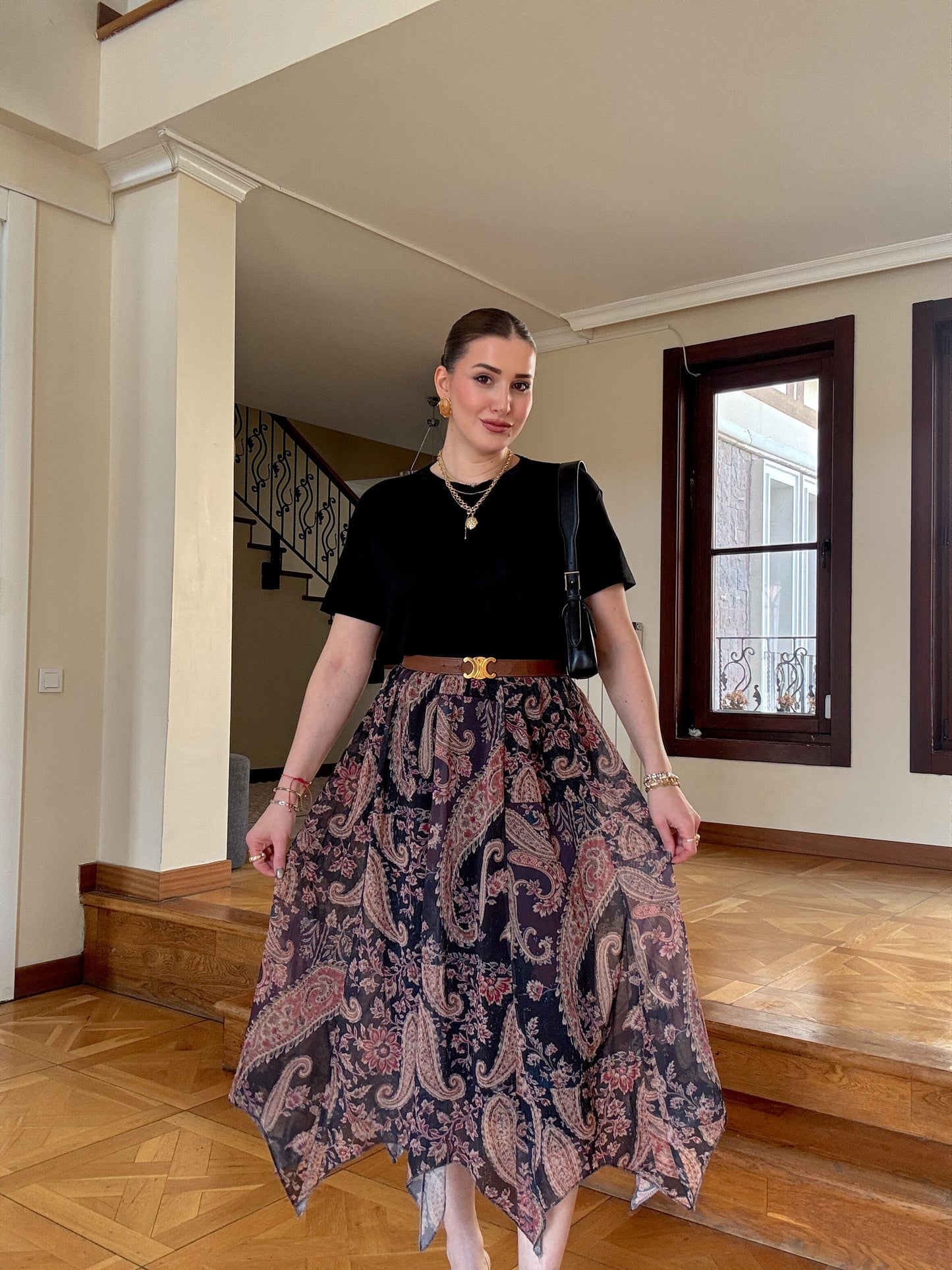 Asimetrik kesim vintage desenli şifon etek SİYAH