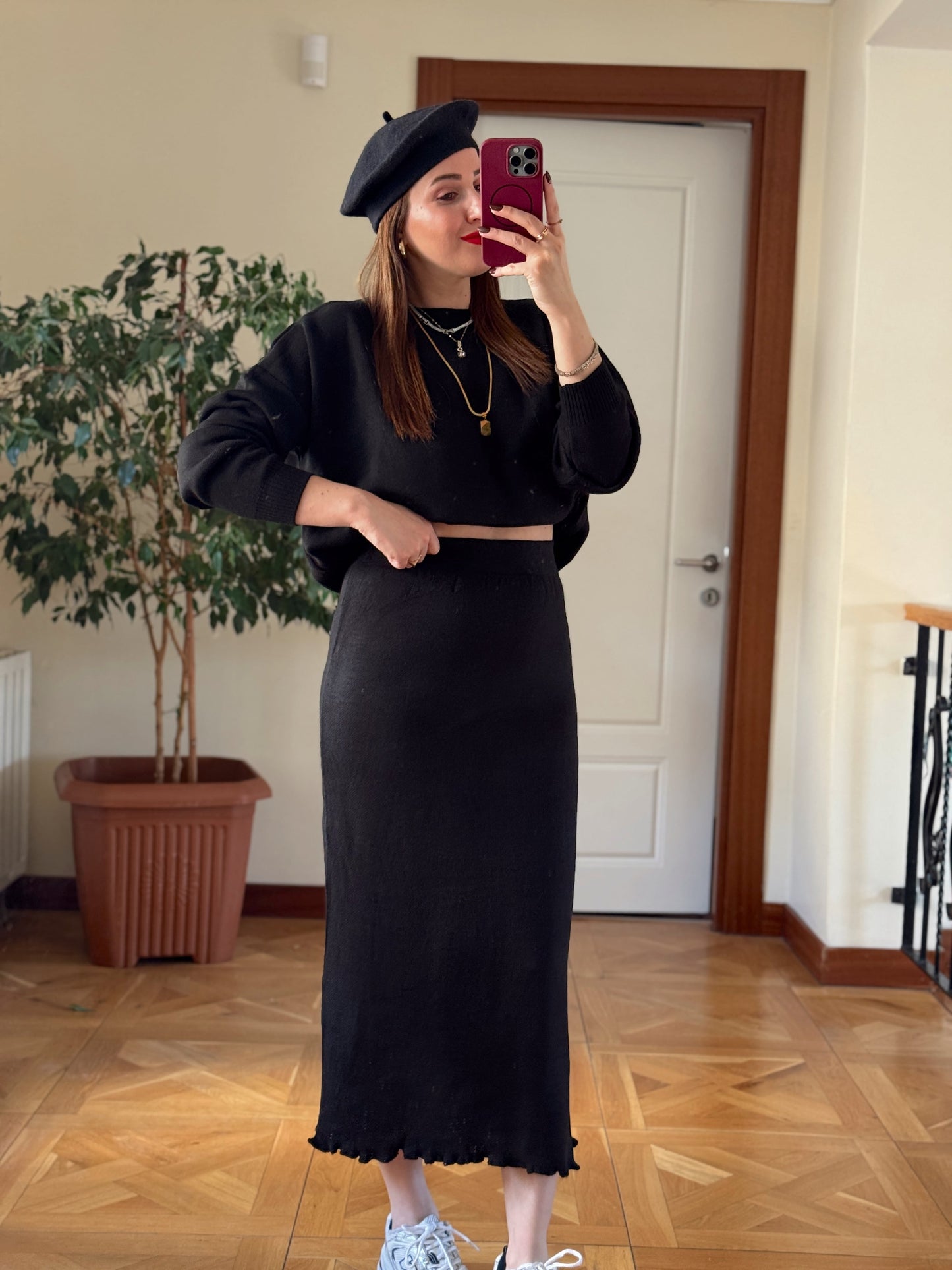 Volanlı triko etek SİYAH