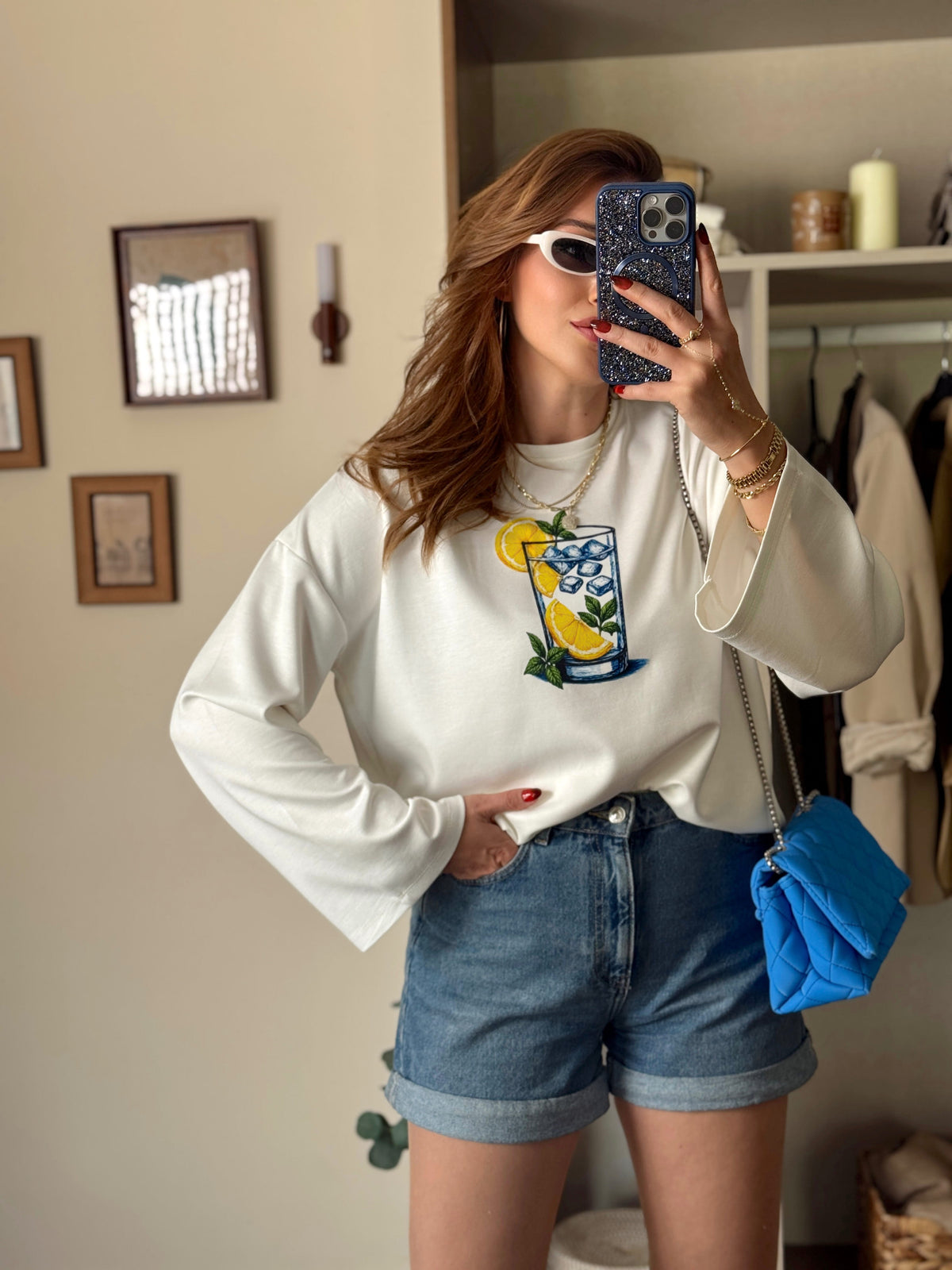 Limon buzlu bardak baskılı oversize modal sweat Beyaz