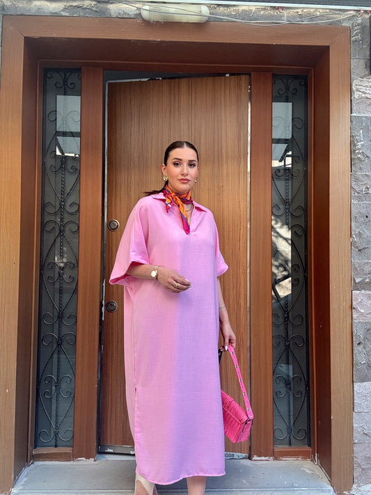 Yırtmaçlı Polo Yaka Elbise - PEMBE