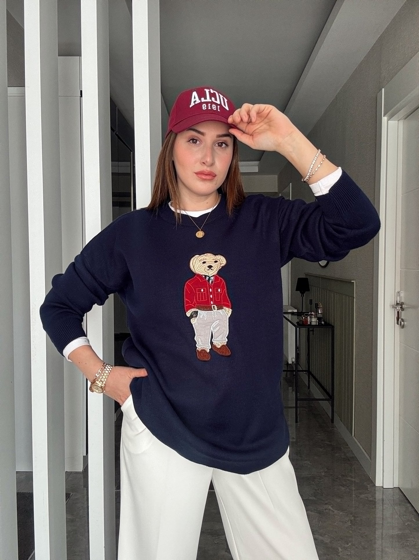 Oversize Ayıcık İşlemeli Kazak LACİVERT