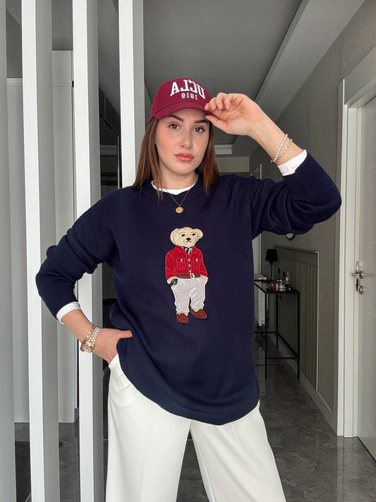Oversize Ayıcık İşlemeli Kazak LACİVERT