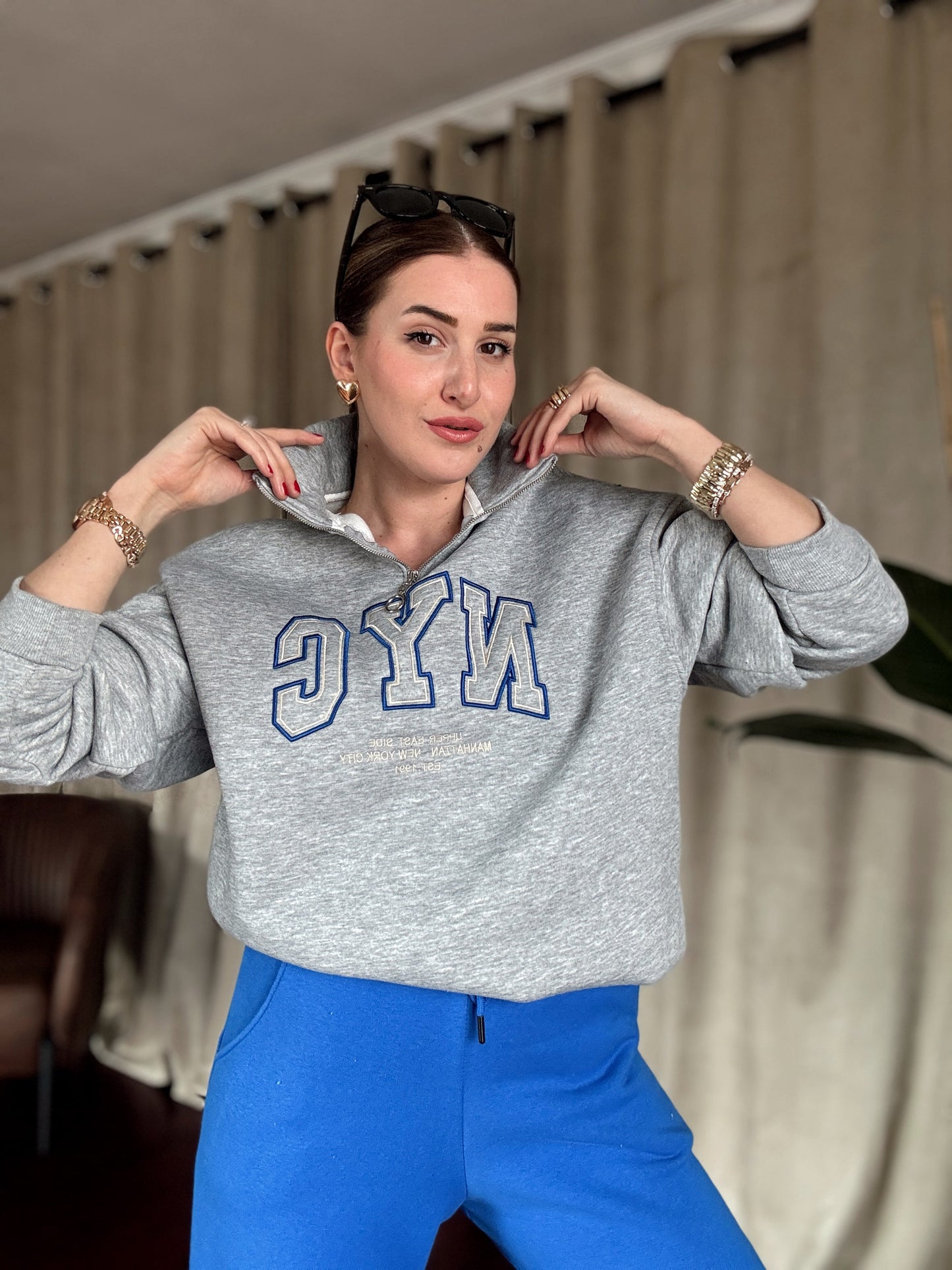NYC Nakışlı Fermuarlı 3 İplik Şardonlu Sweatshirt- GRİ