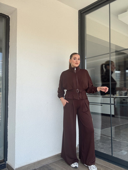 Modal kumaş dik yaka etek pileli ceket pantolon takım-KAHVERENGİ