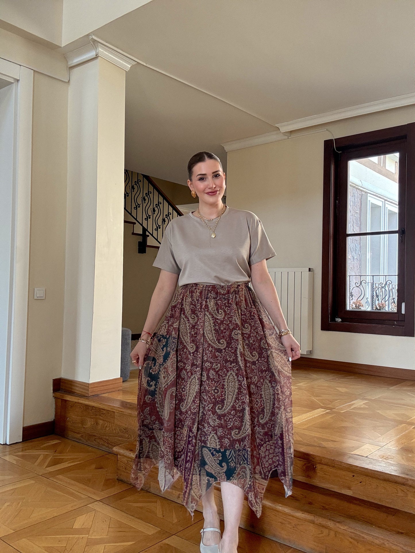 Asimetrik kesim vintage desenli şifon etek KAHVERENGİ