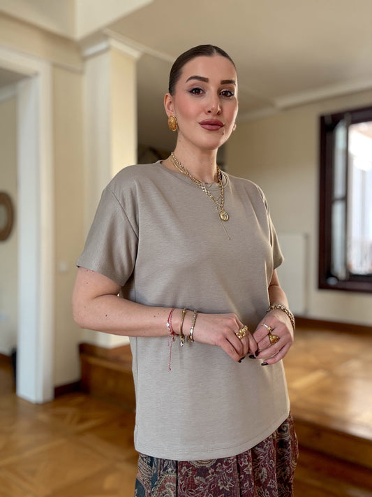 Oversize Modal Yırtmaçlı Tişört Vizon