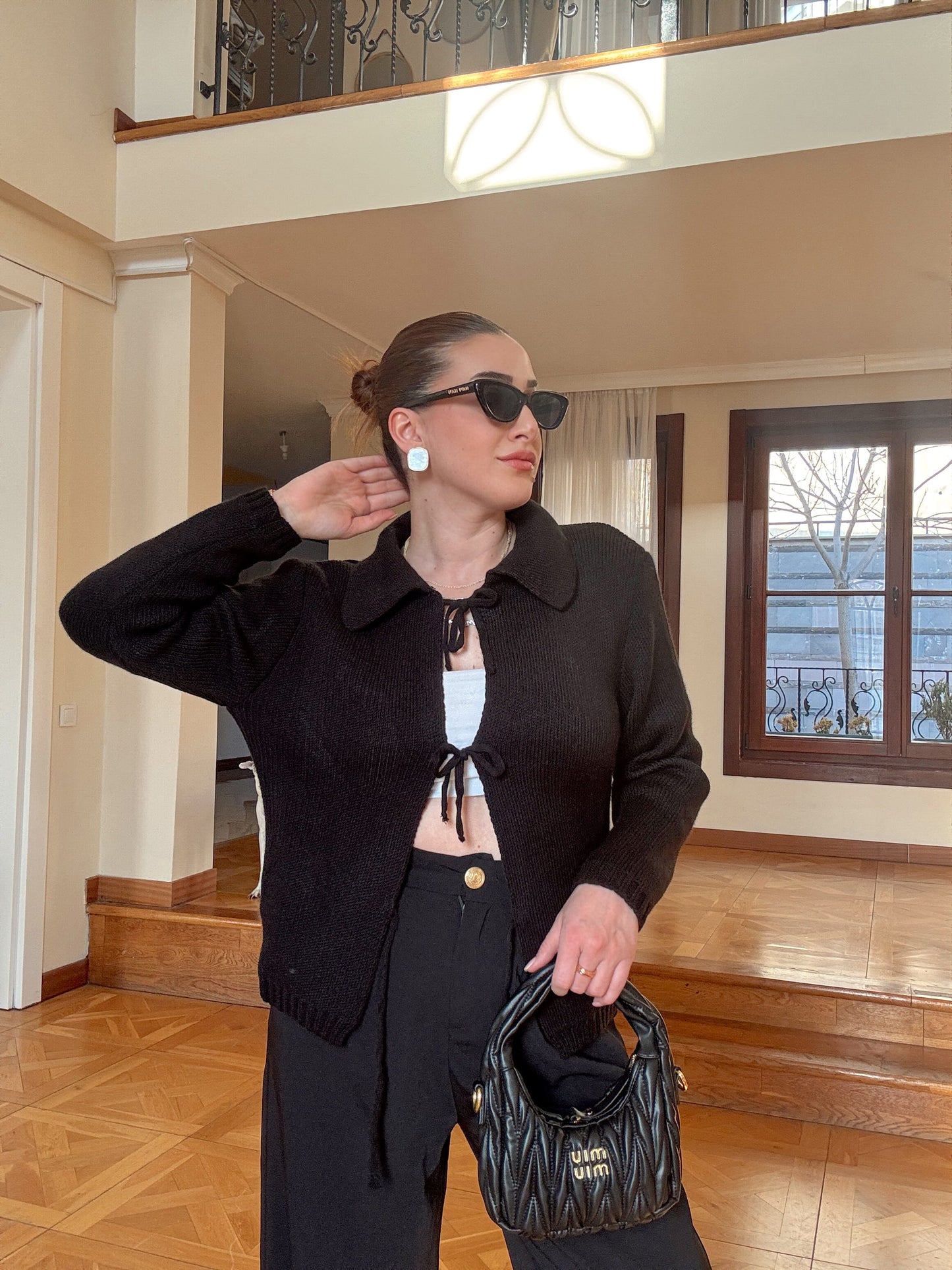 Bağcıklı triko ceket-SİYAH