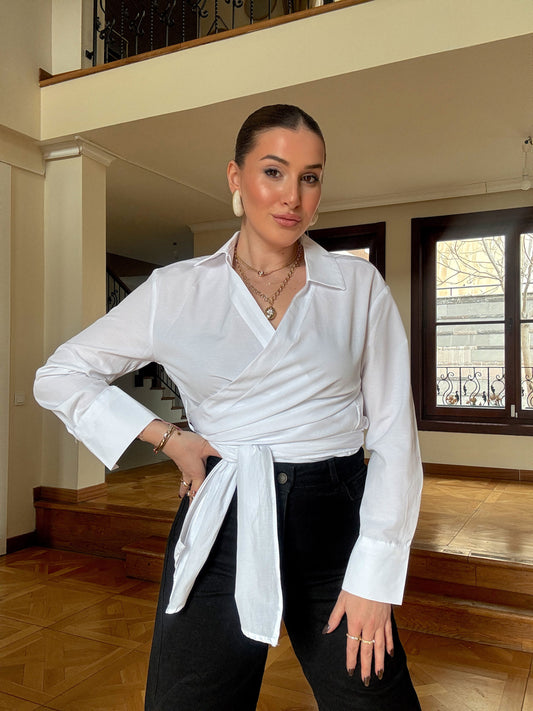 Poplin bağlamalı gömlek Beyaz