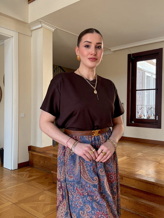 Asimetrik kesim vintage desenli şifon etek MAVİ