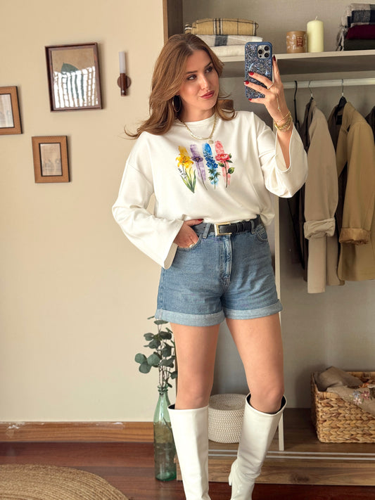 Çiçek desenli modal sweat Beyaz