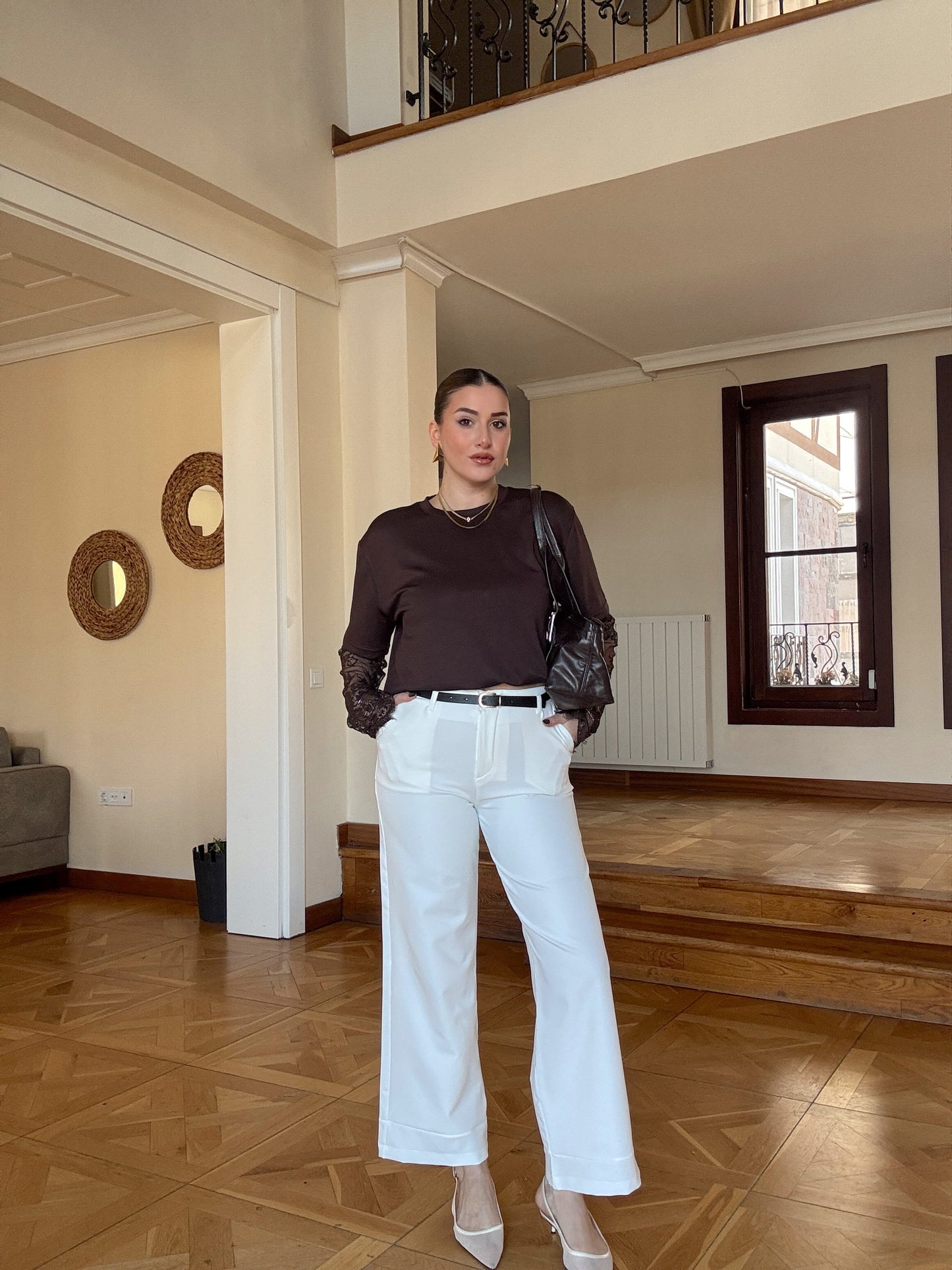 Kemerli premium kumaş pantolon Beyaz