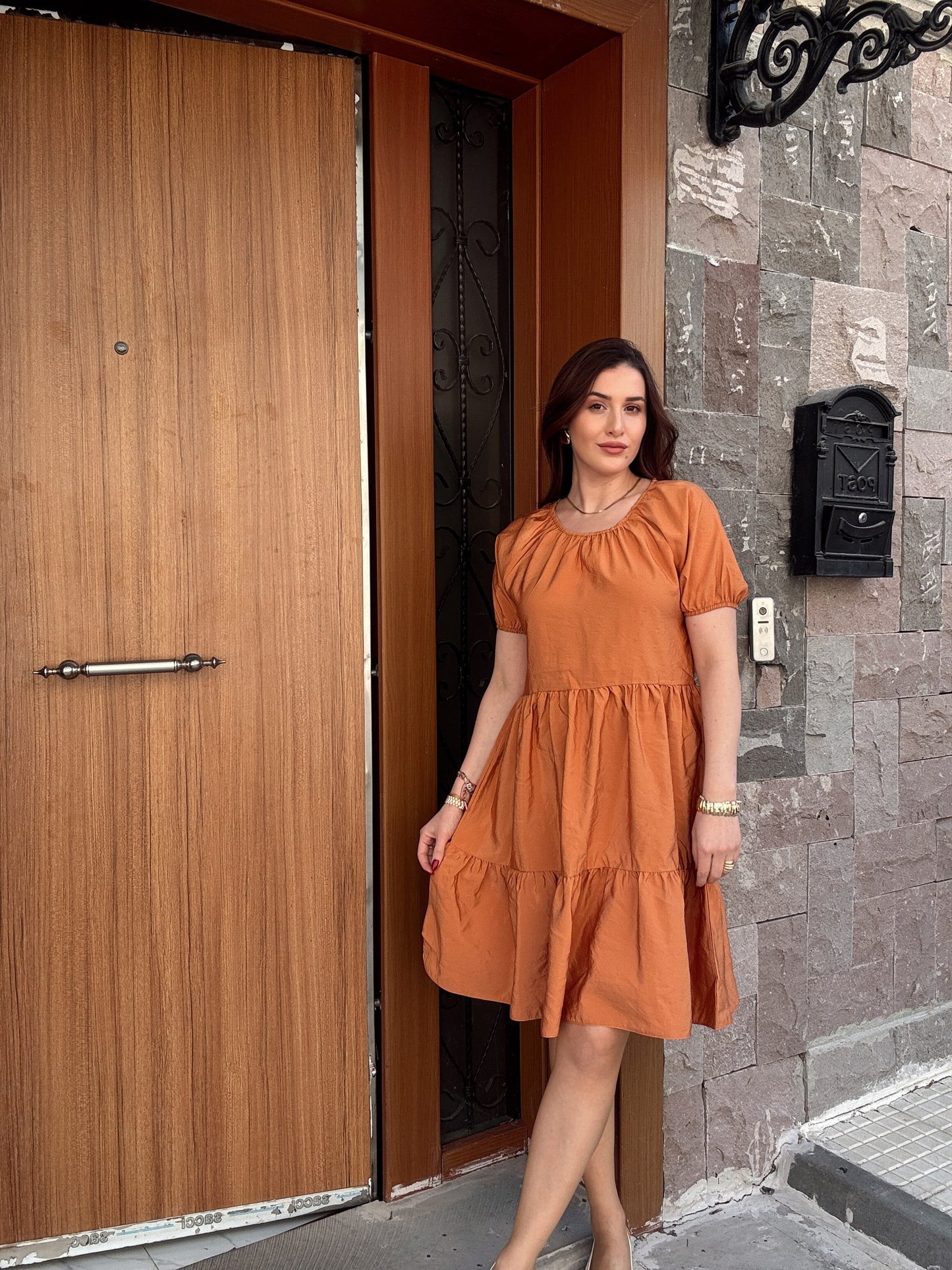 Balon kol volanlı elbise TABA