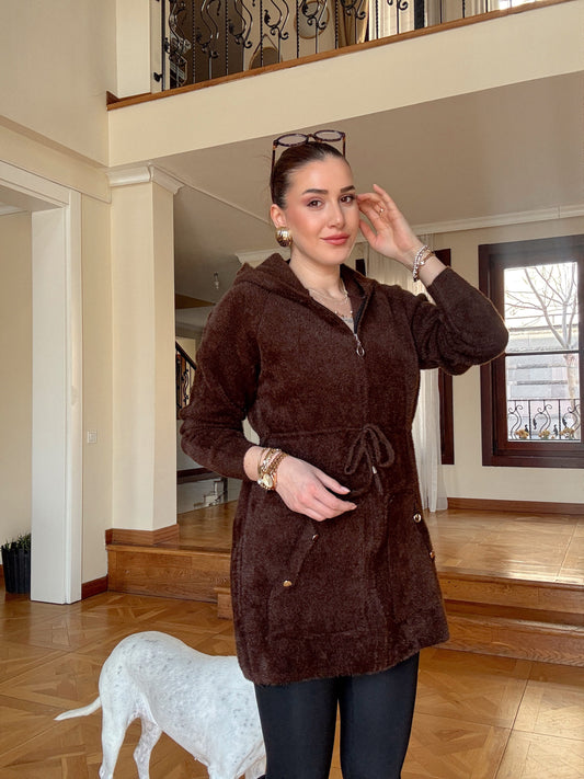 Fermuarlı kapşonlu sakal kumaş hırka-KAHVERENGİ