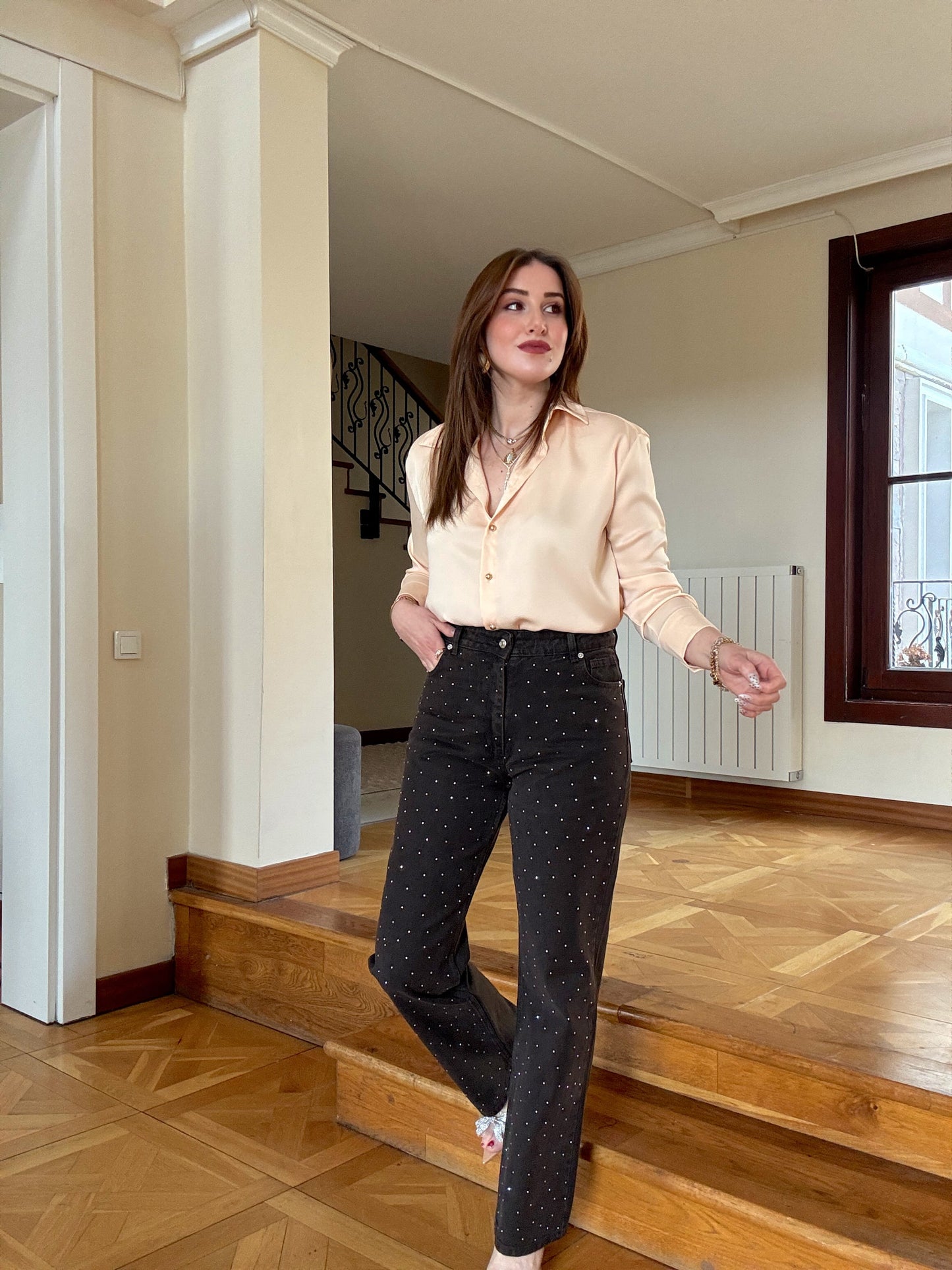 Taşlı Palazzo Jean Pantolon Kahve