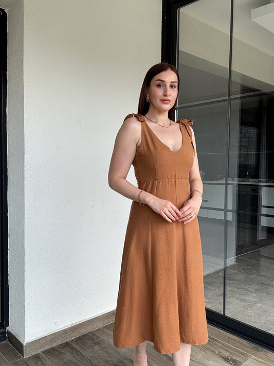Omuz bağlama detay viskon elbise TABA