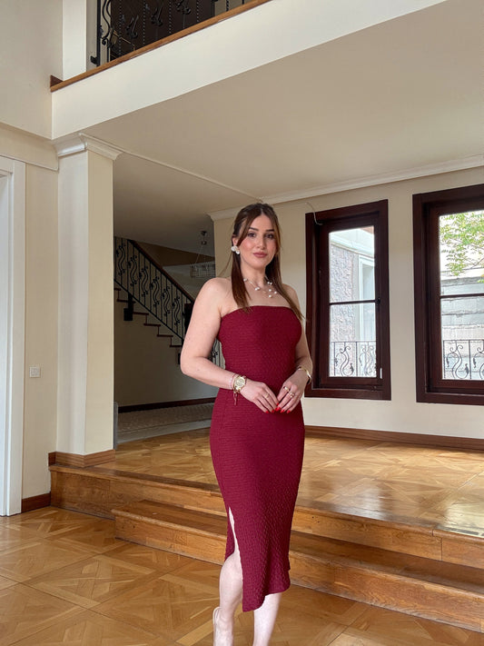Straplez likralı astarlı elbise  BORDO