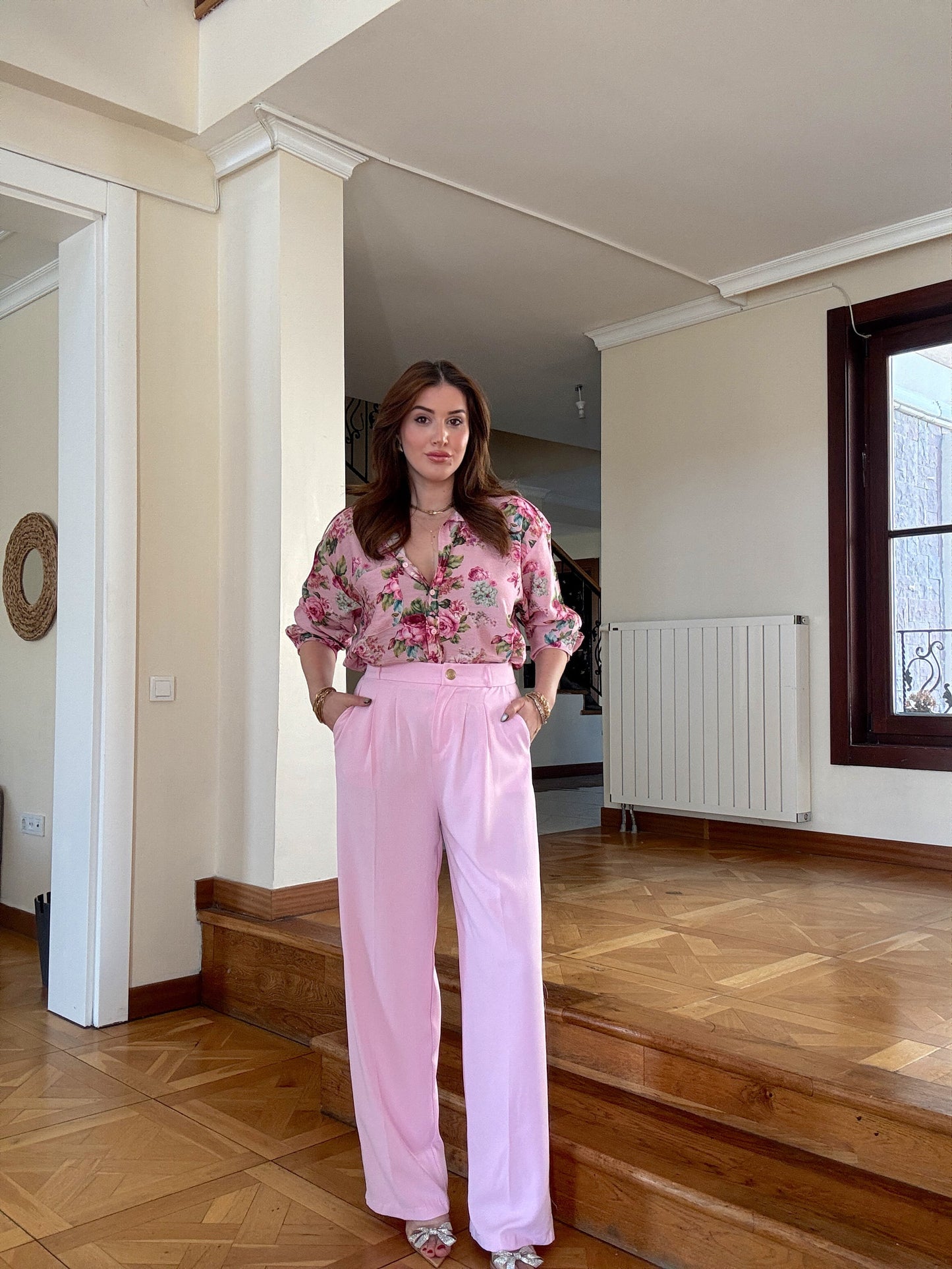 Gold Düğme Premium Palazzo Pantolon Pembe
