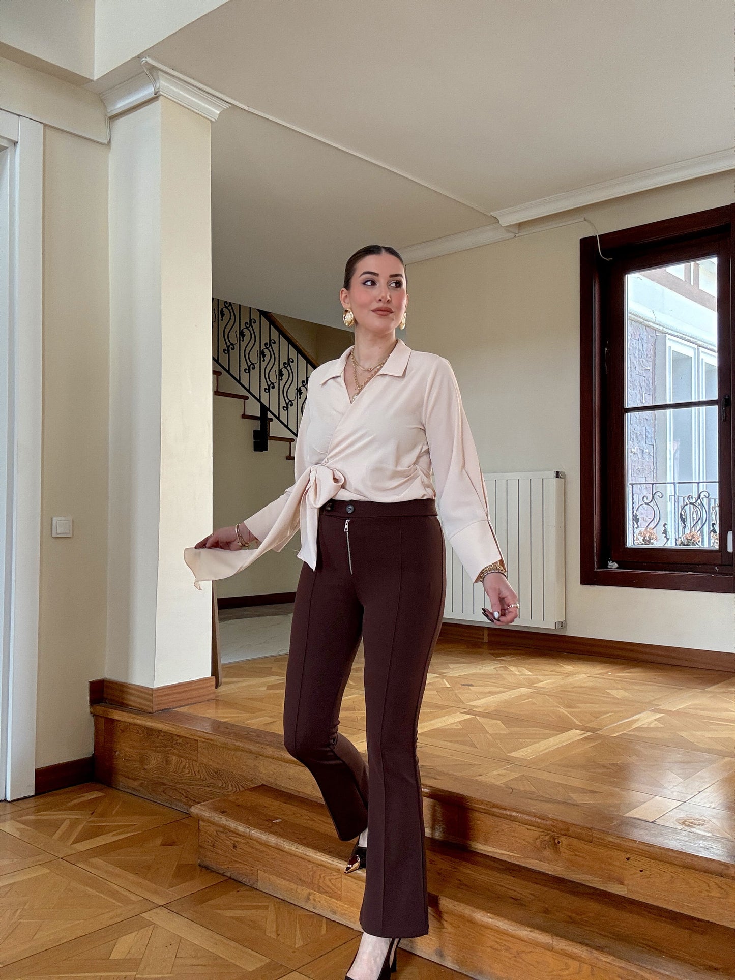 Çift düğme venedik pantolon Kahve