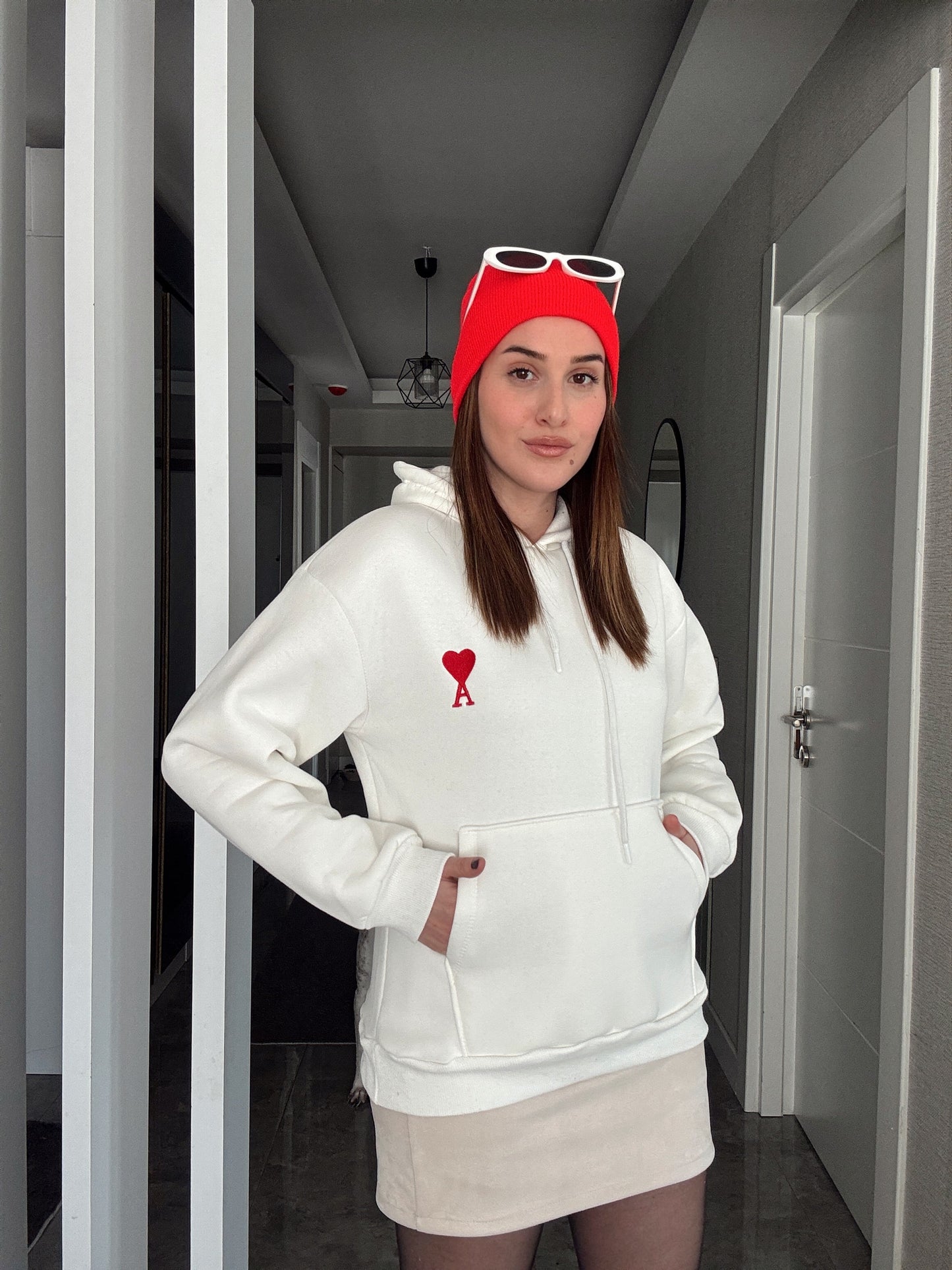 A Nakış Kapüşonlu Şardonlu 3 İplik Sweatshirt - EKRU