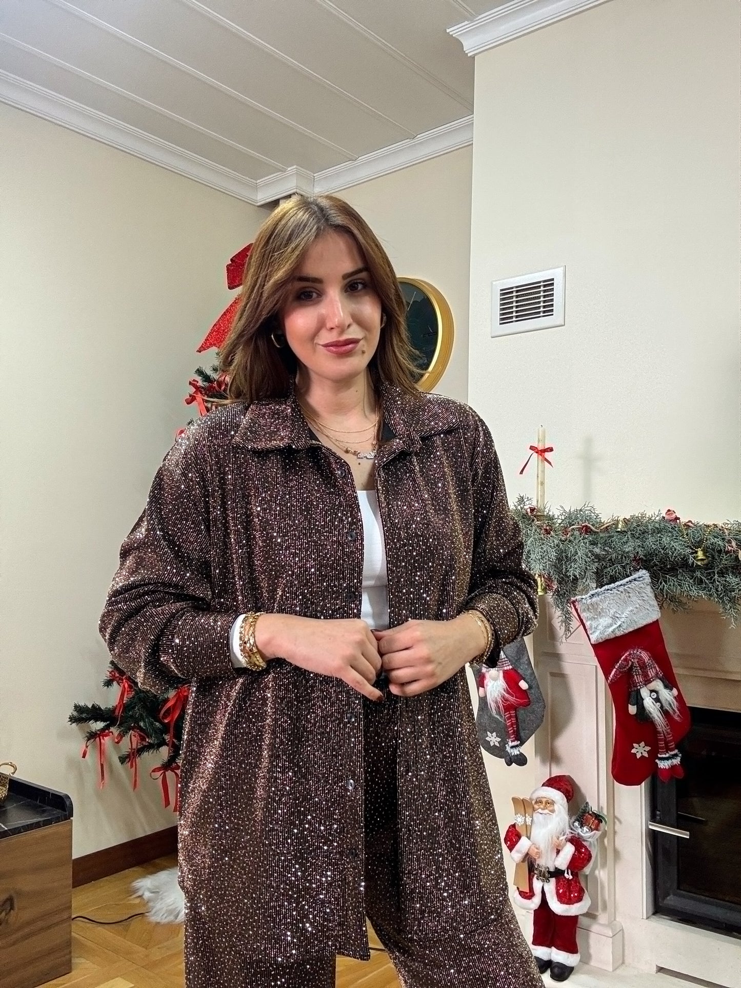 Gold simli taşlı takım-ACIKAHVE