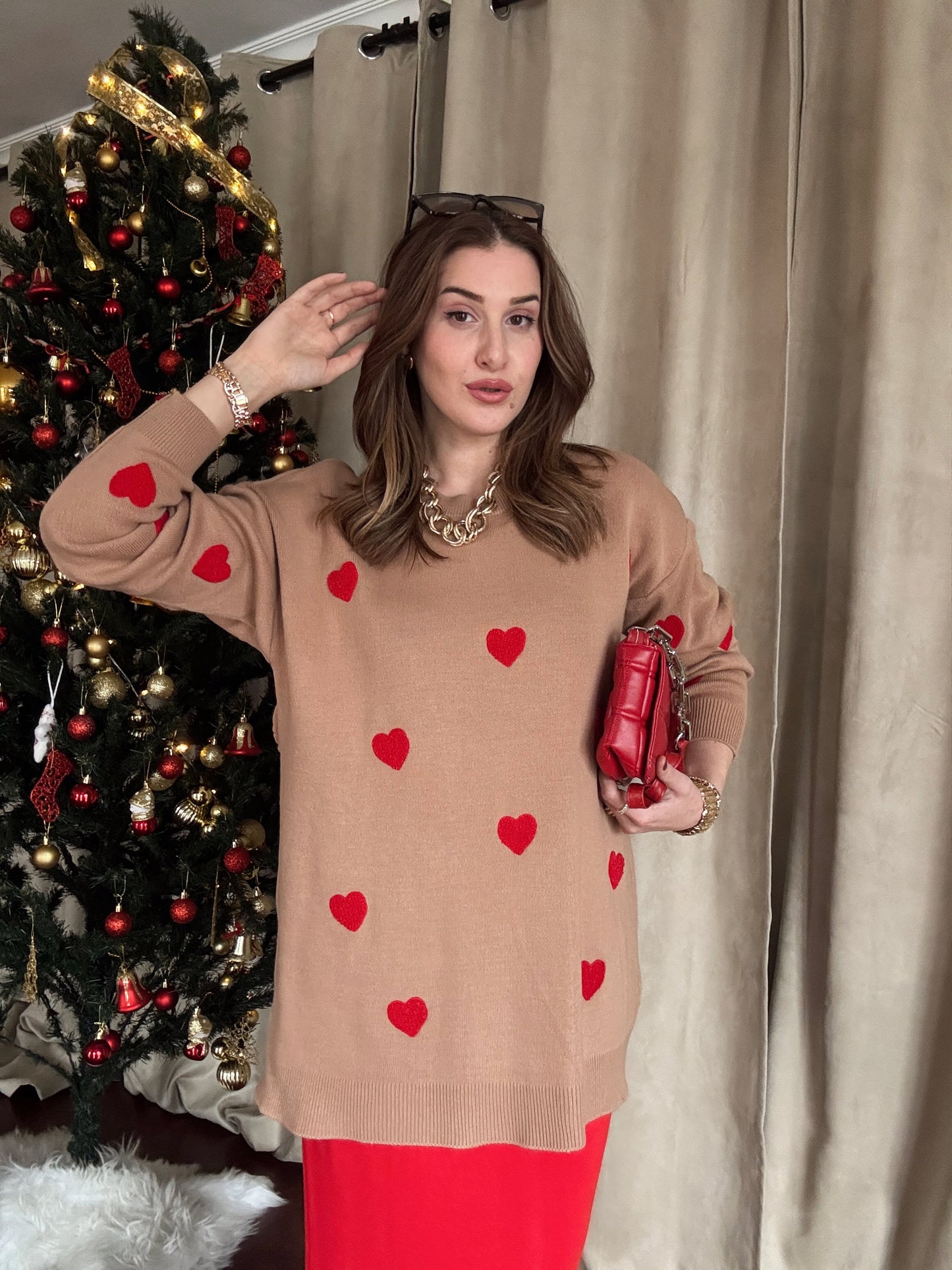 Minik Kalp Detay Triko Kazak - CAMEL