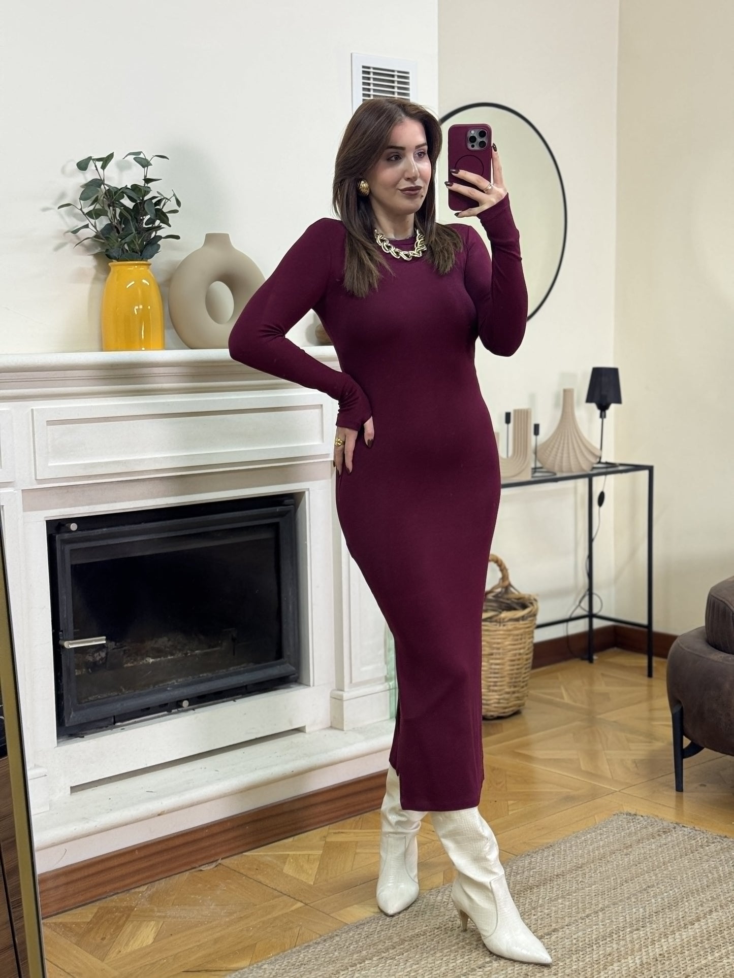 Bisiklet yaka parmak geçirmeli elbise-BORDO