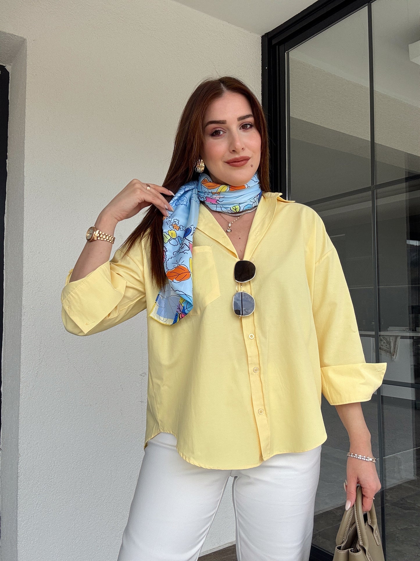 Uzun kol poplin gömlek-SARI