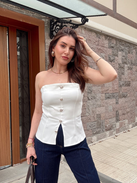Straplez Önden Düğme Detaylı Bluz Beyaz