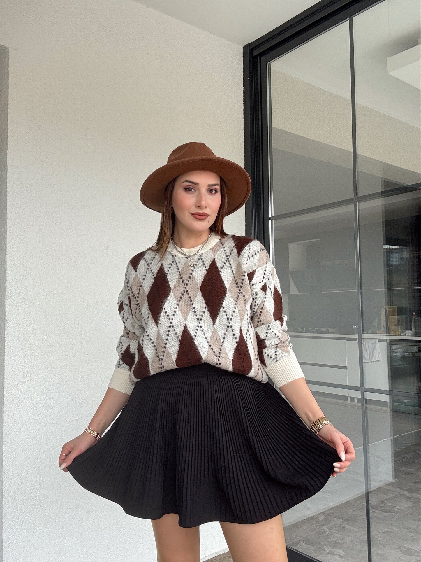 Tunik boy oversize baklava desenli kazak-BEJ