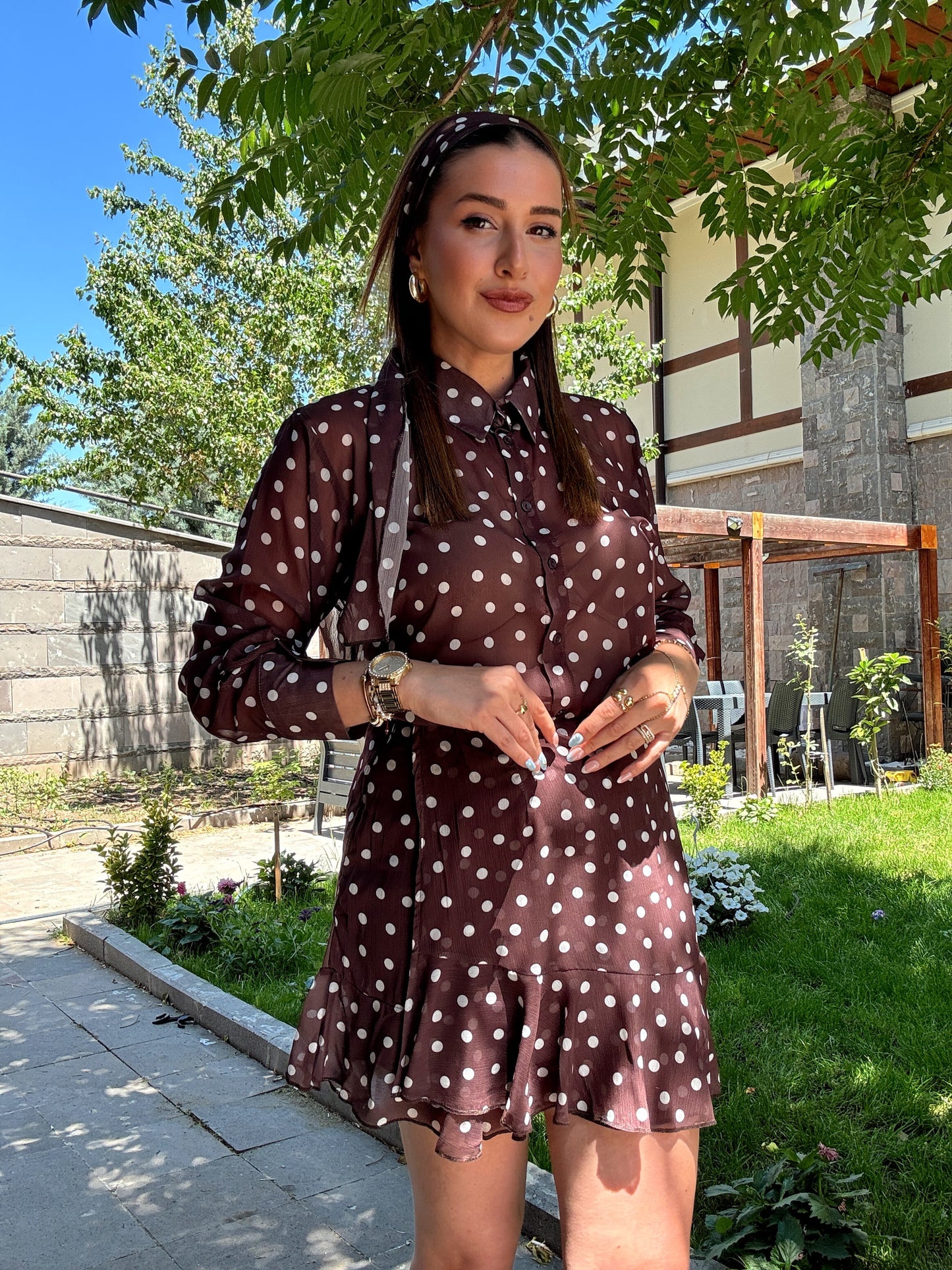 Puantiye desenli fularlı takım Kahve