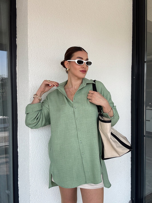 Arka Çift Pens Oversize Keten Gömlek YEŞİL
