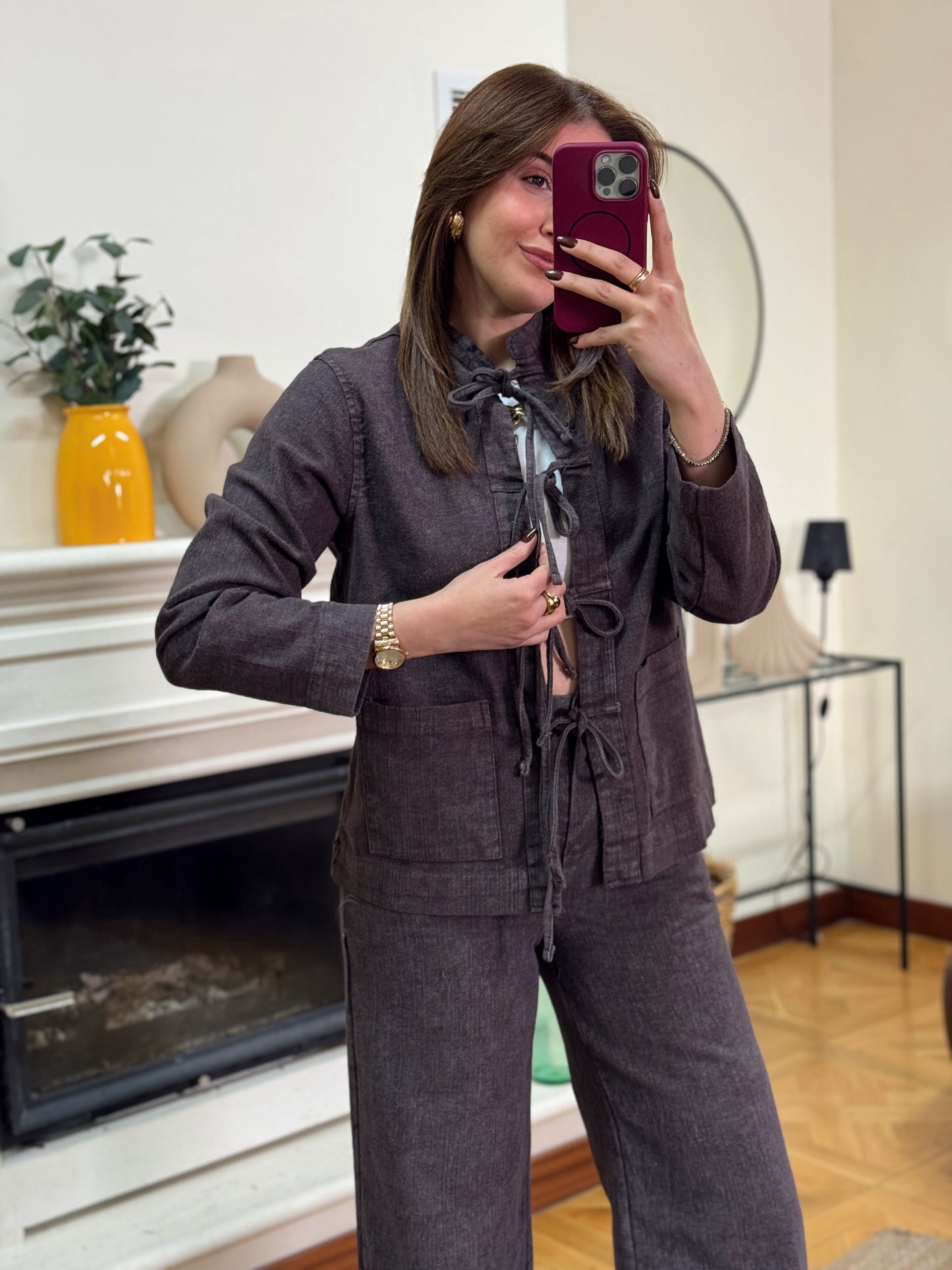 RUFFY bağlamalı yıkamalı gabardin ikili takım kahverengi