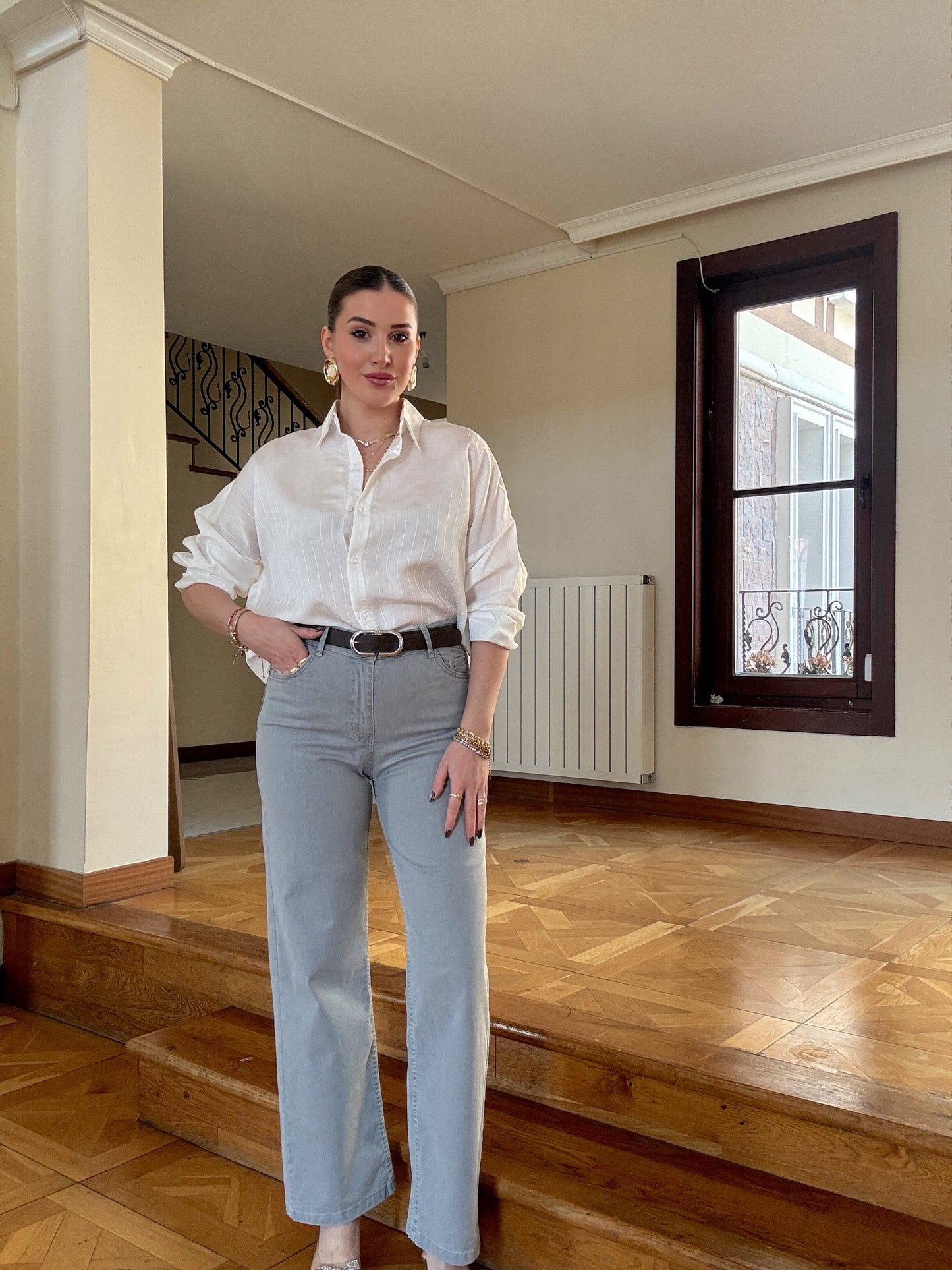 Kemerli bol paça palazzo pantolon GRİ