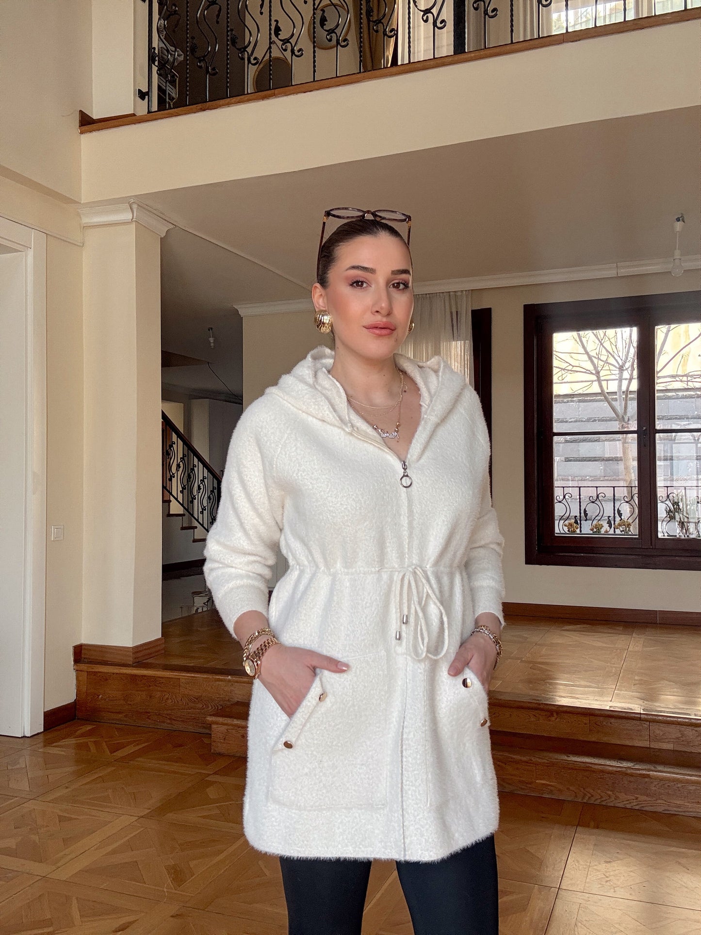 Fermuarlı kapşonlu sakal kumaş hırka-EKRU