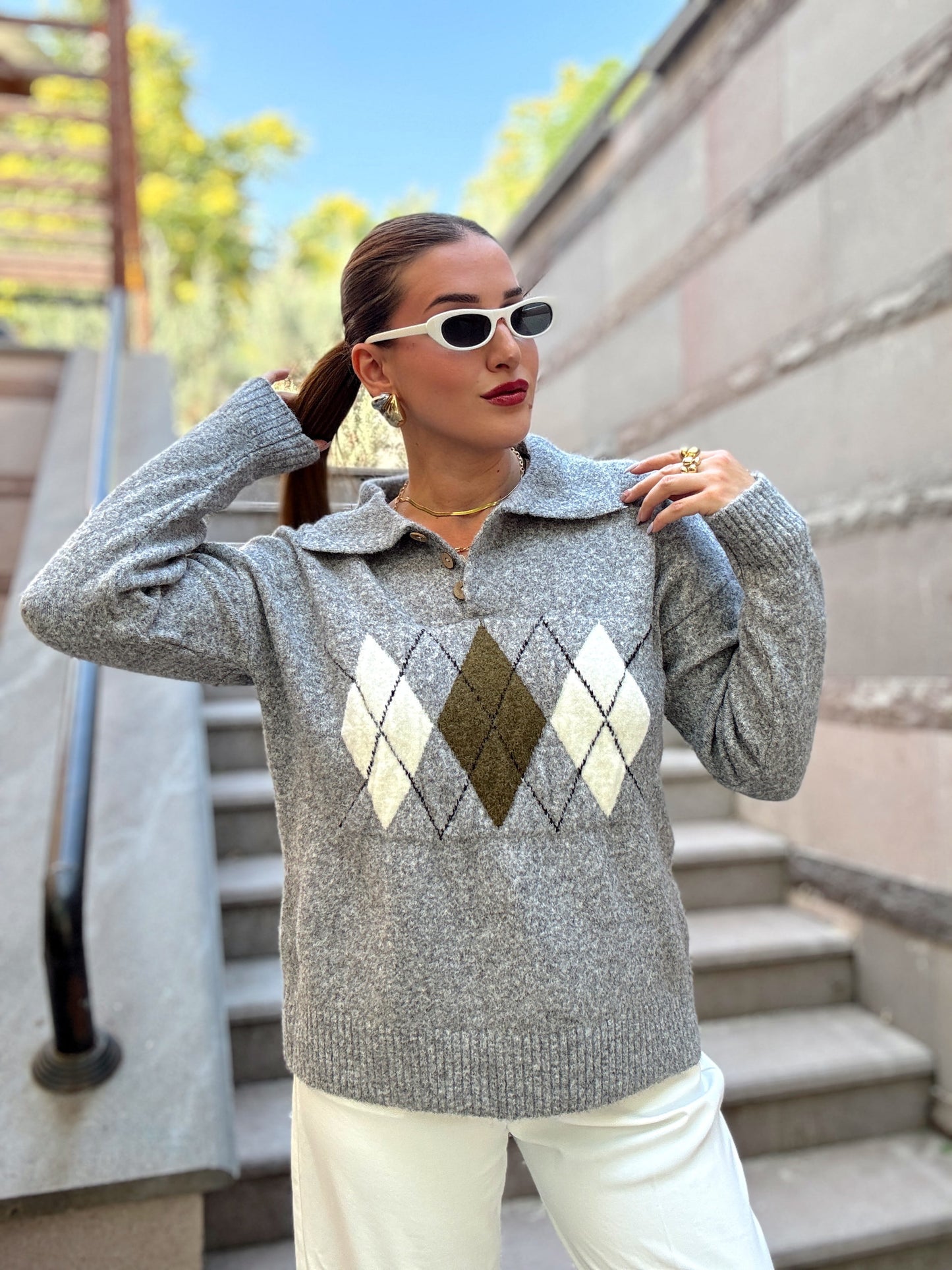 Baklava Desenli Premium Polo yaka kazak Gri