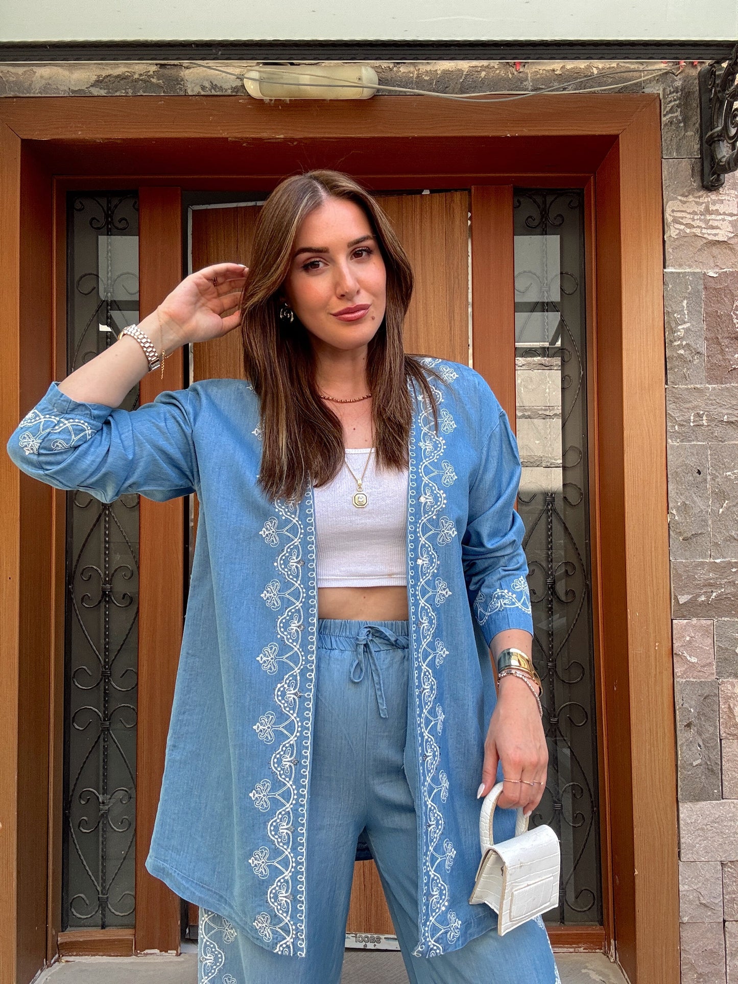 Nakış İşlemeli kot kimono takım MAVİ