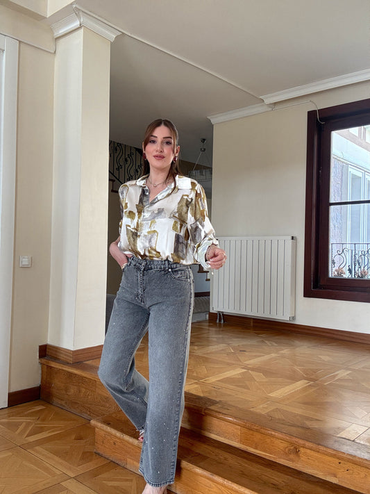 Taşlı Palazzo Jean Pantolon Gri