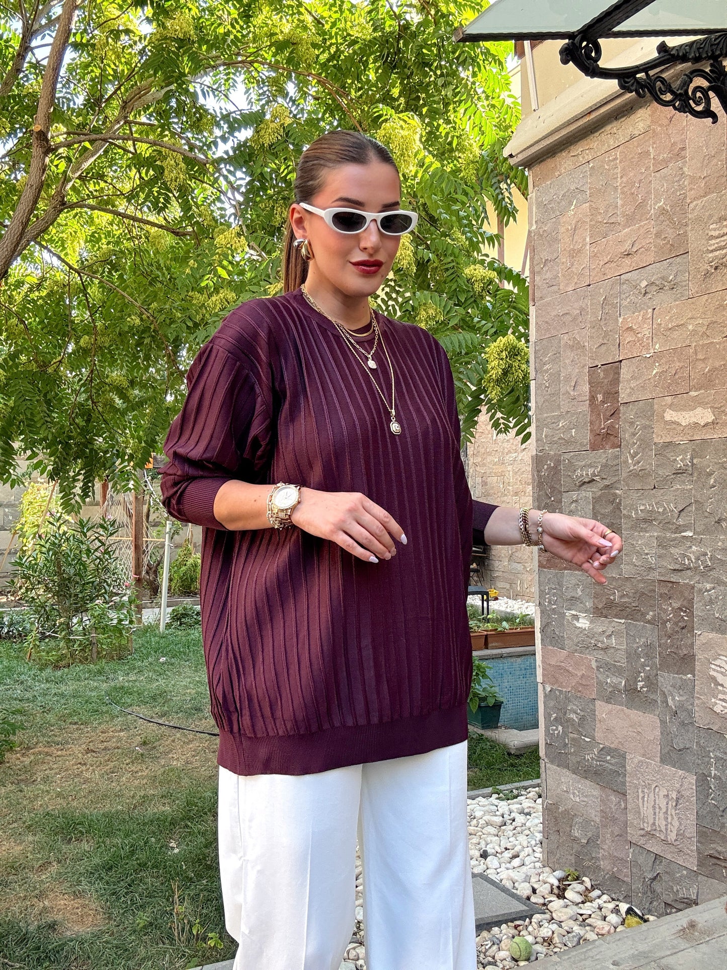Şerit detaylı oversize premium kazak Mürdüm