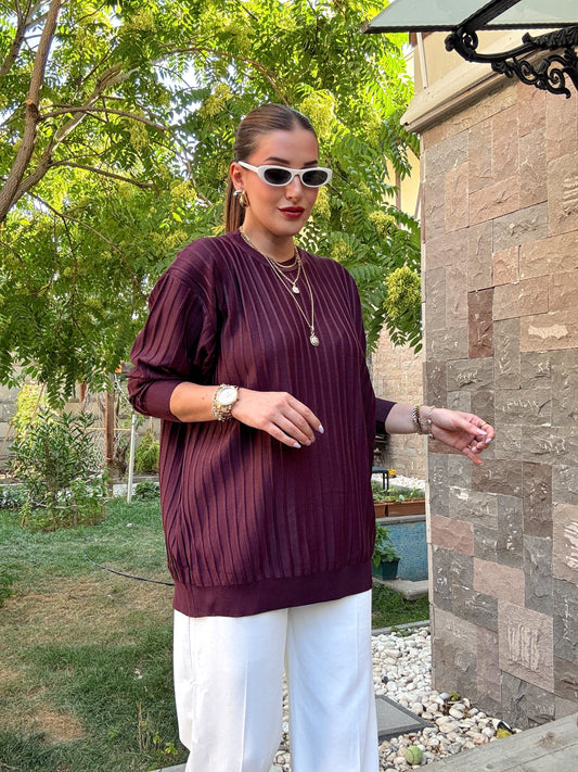 Şerit detaylı oversize premium kazak Mürdüm