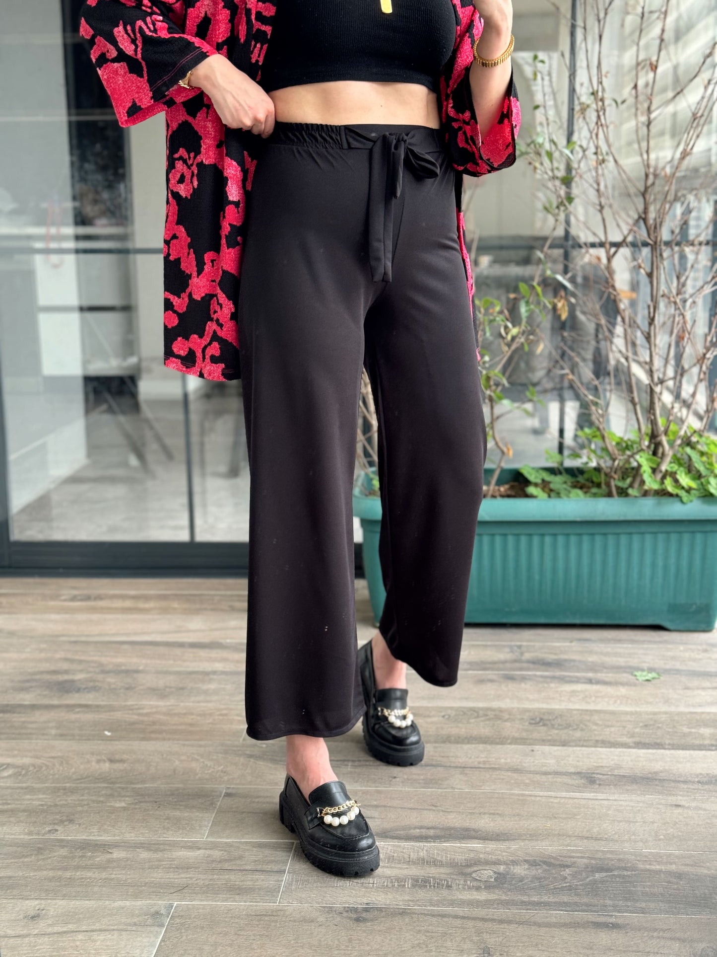 Kuşaklı Crep Kumaş Palazzo Pantolon-SİYAH