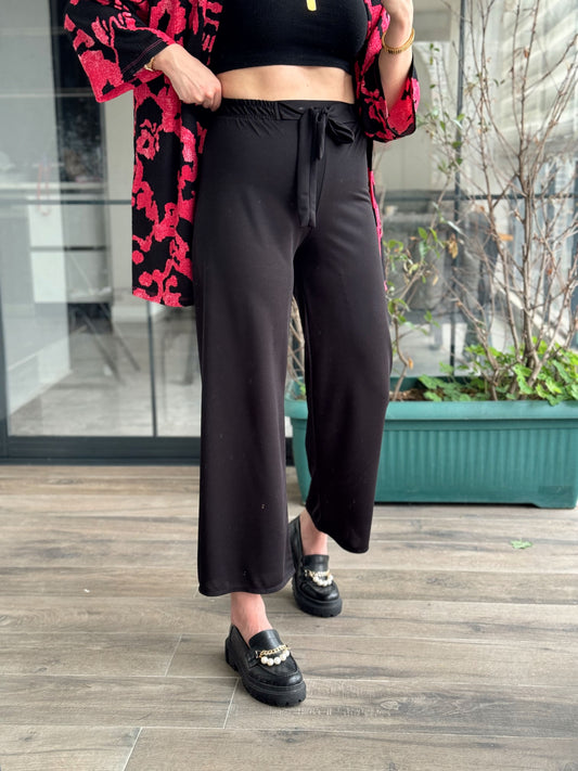 Kuşaklı Crep Kumaş Palazzo Pantolon-SİYAH